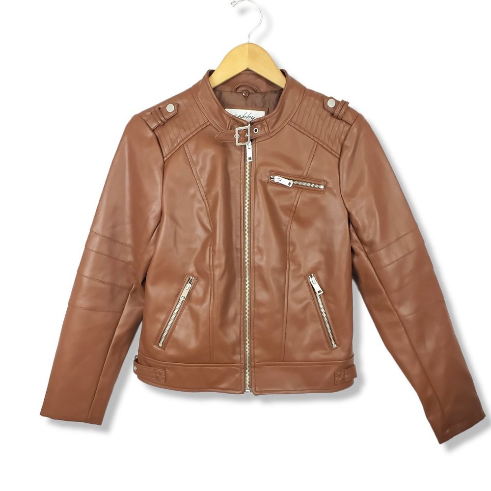 Sebby Brown Faux Leather Zip-up Moto Jacket Size Medium